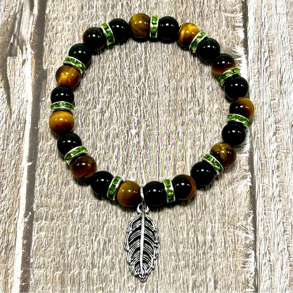 Handmade Feather Charm Bracelet with Natural Tiger Eye Stones! - Picture 6 of 8